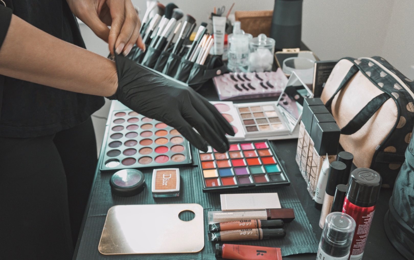 A makeup kit laid out before an appointment